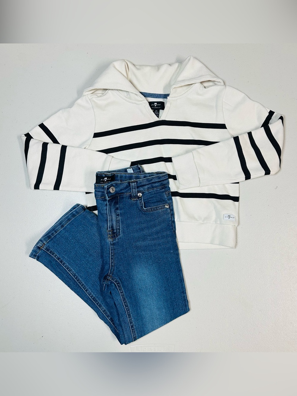 7 For All Mankind Kids Cream and Navy Striped Hoodie + Blue Denim Jeans Set